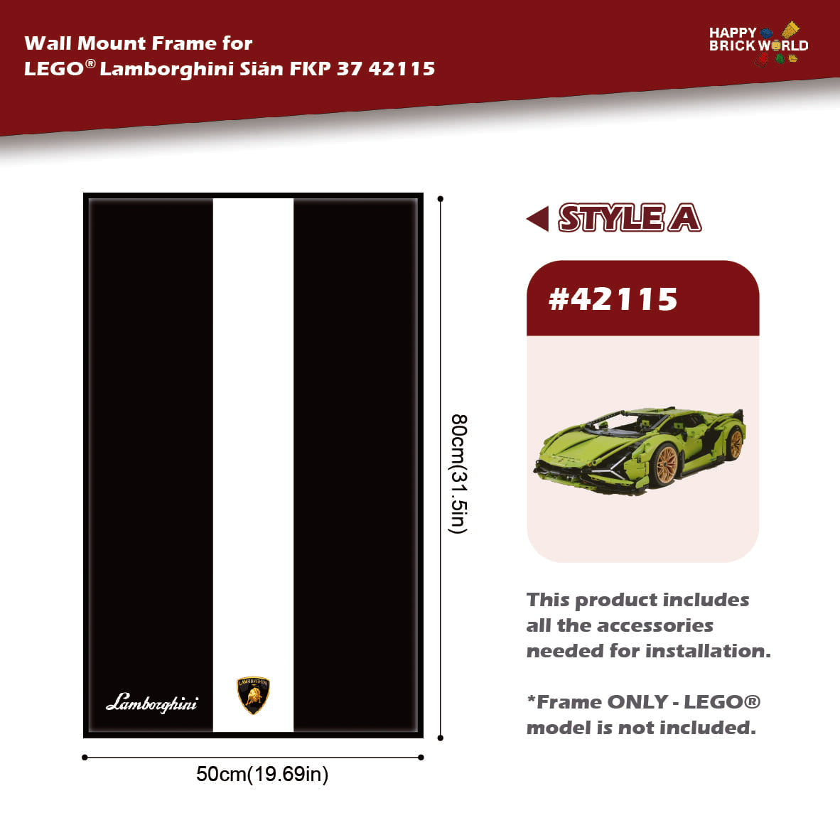 Wall mount frame for LEGO Lamborghini Sián FKP 37 42115 with dimensions and product details.