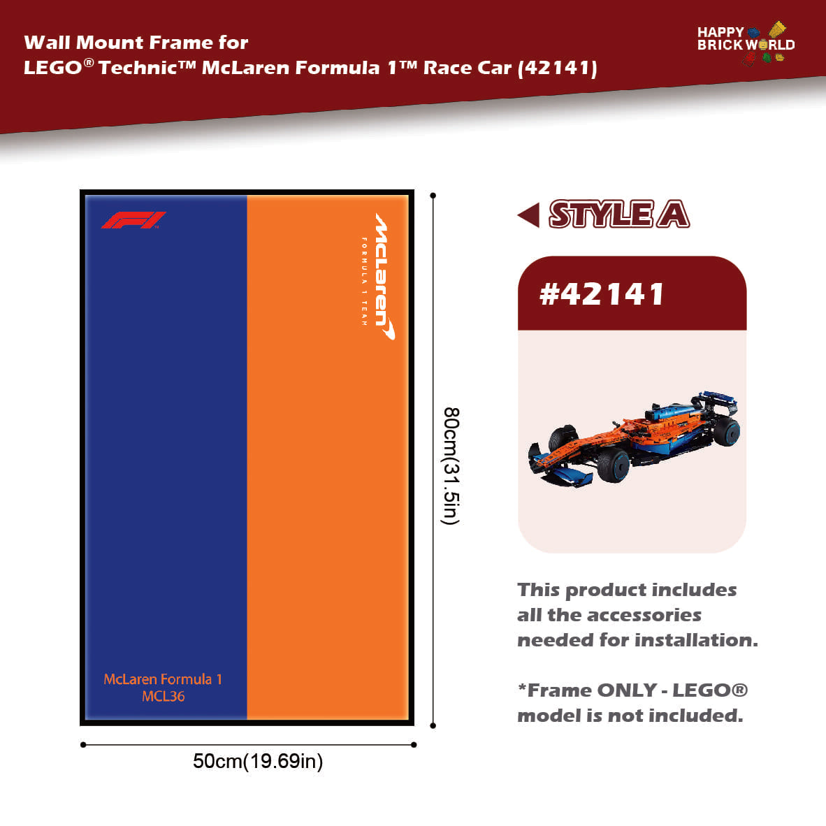 Wall mount frame for LEGO Technic McLaren Formula 1 race car with dimensions and product details.