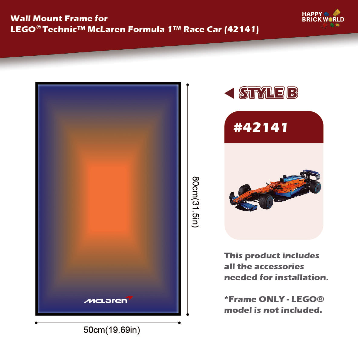 Wall mount frame for LEGO Technic McLaren Formula 1 race car with dimensions and product details.