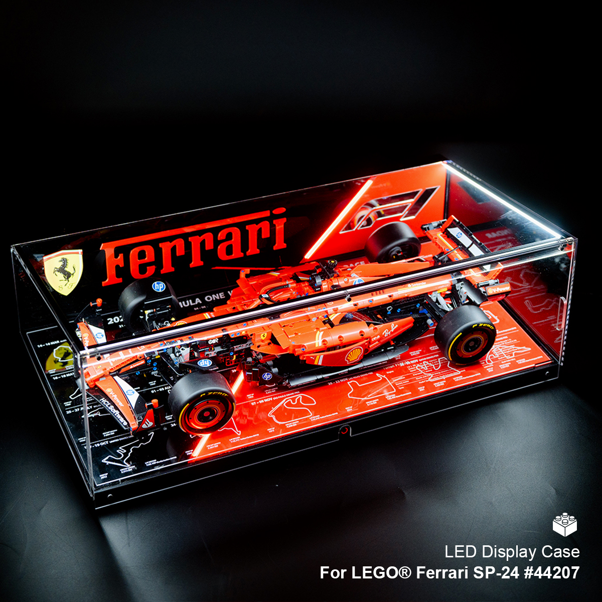 LED display case for LEGO Ferrari SP-24 model on a dark background