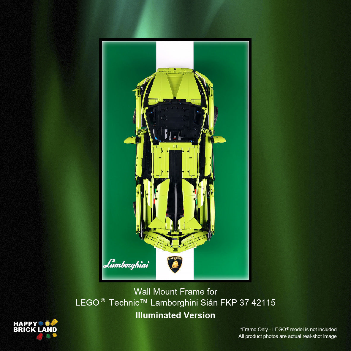 Wall mount frame for LEGO Technic Lamborghini Sián FKP 37 42115 on a green background