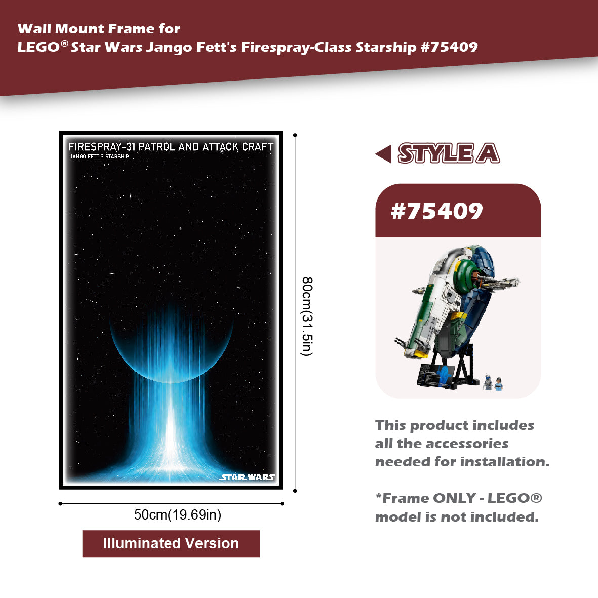 Wall Mount Frame for LEGO® Star Wars™ Jango Fett's Firespray-Class Starship 75409