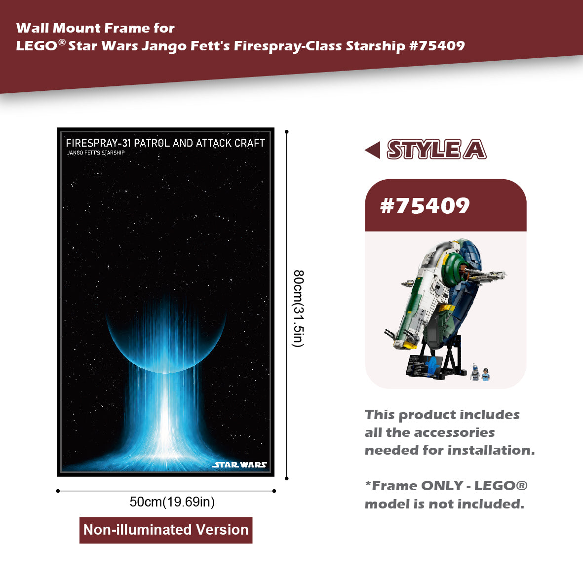 Wall Mount Frame for LEGO® Star Wars™ Jango Fett's Firespray-Class Starship 75409