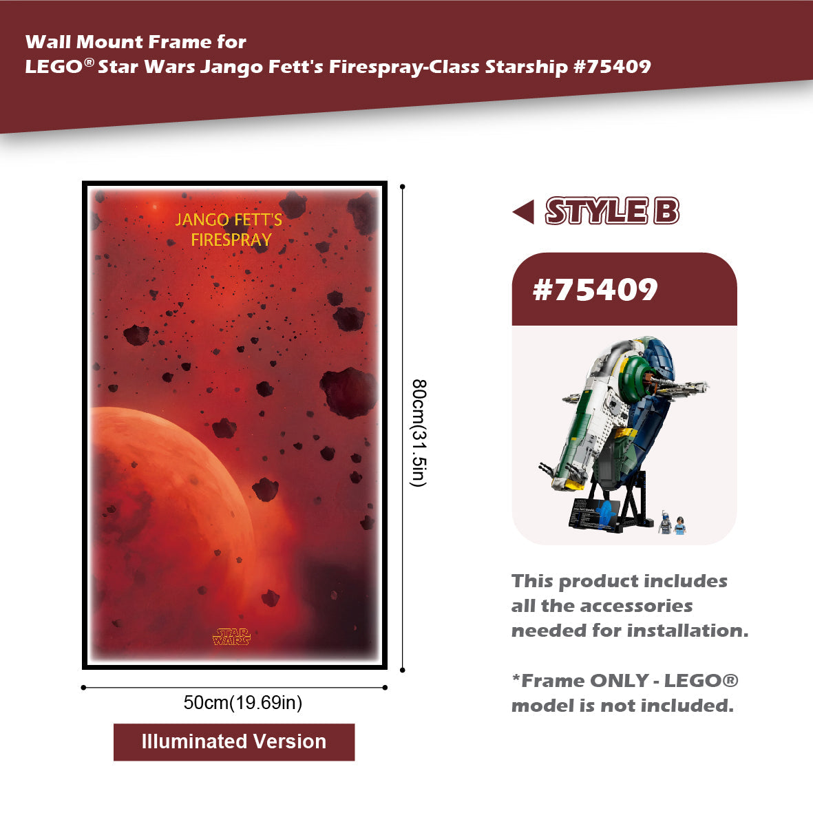 Wall Mount Frame for LEGO® Star Wars™ Jango Fett's Firespray-Class Starship 75409