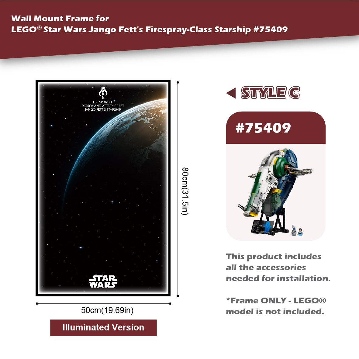 Wall Mount Frame for LEGO® Star Wars™ Jango Fett's Firespray-Class Starship 75409