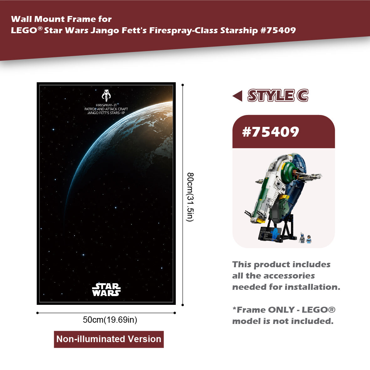 Wall Mount Frame for LEGO® Star Wars™ Jango Fett's Firespray-Class Starship 75409