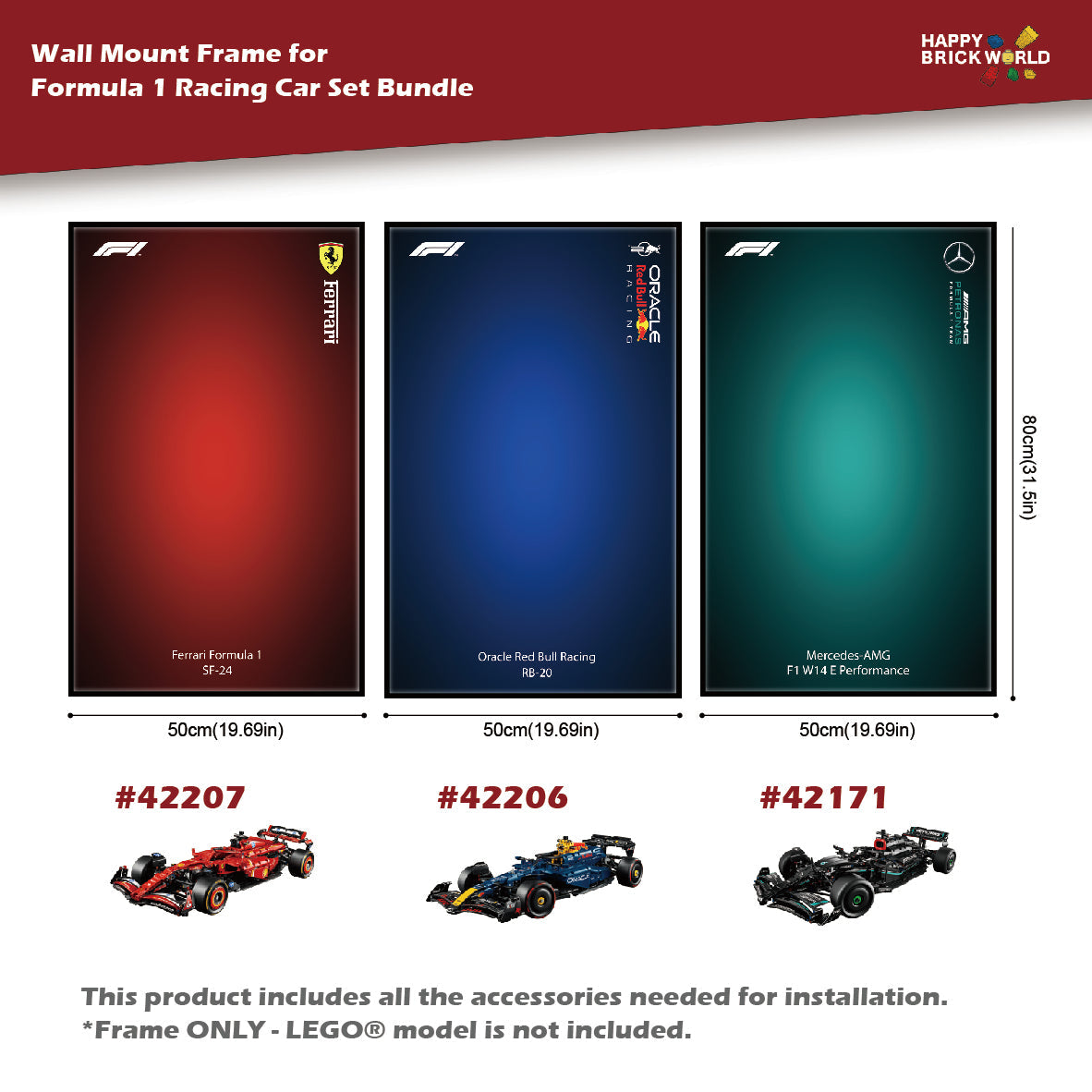 Wall Mount Frame for LEGO® Formula 1 Racing Car Set Bundle