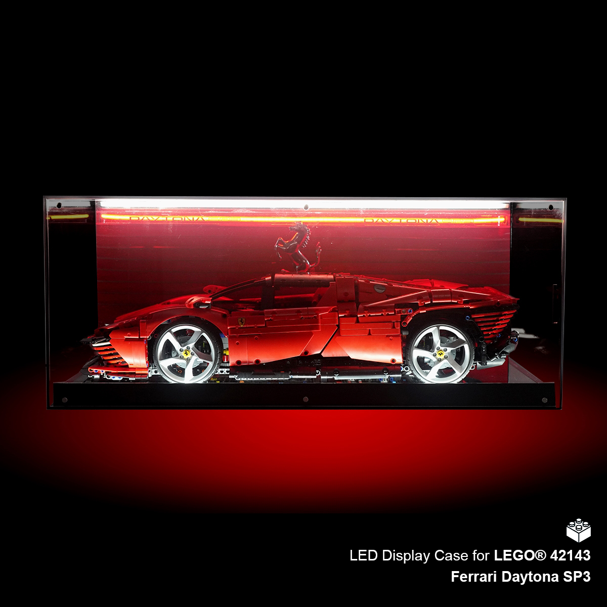 LED display case for LEGO Ferrari Daytona SP3 on a black background