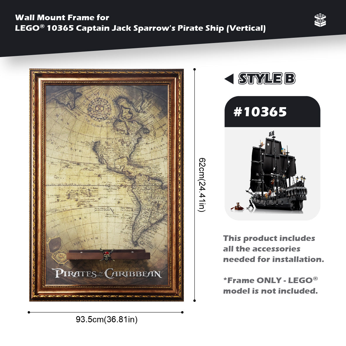 Wall Mount Frame for LEGO® Captain Jack Sparrow's Pirate Ship (Vertical) 10365